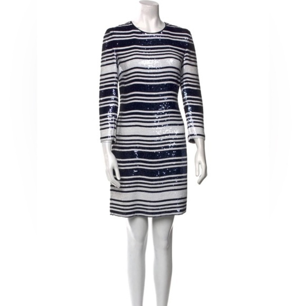 Naeem Khan Silk Fully Sequined Striped 7/8 Sleeve Navy Blue& White Shift Dress 4